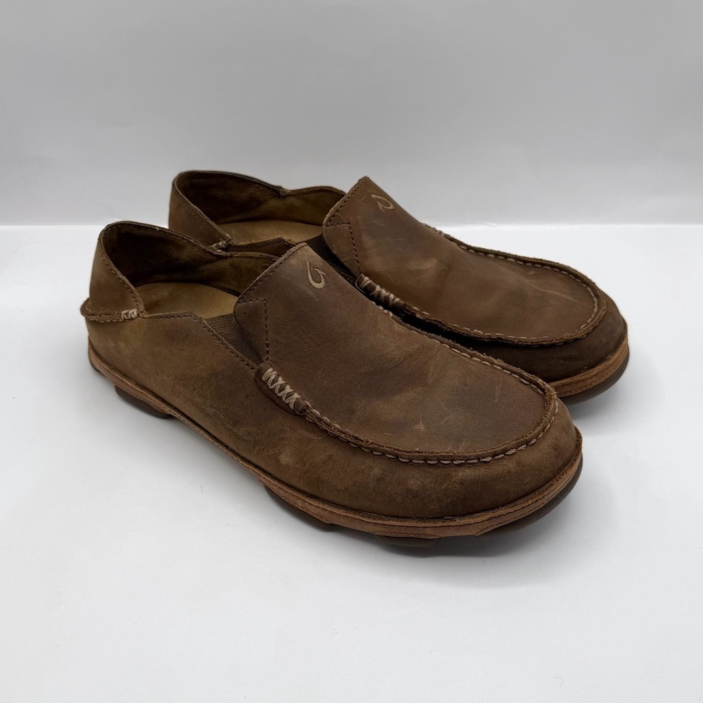 OLUKAI Moloa Men's Leather Ray/Toffee Slip On Shoes 10128-2733 Size 9.5M